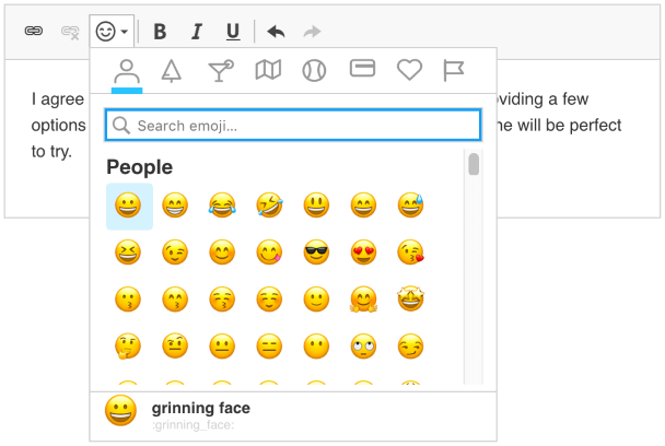 Emoji dropdown with search input focused.