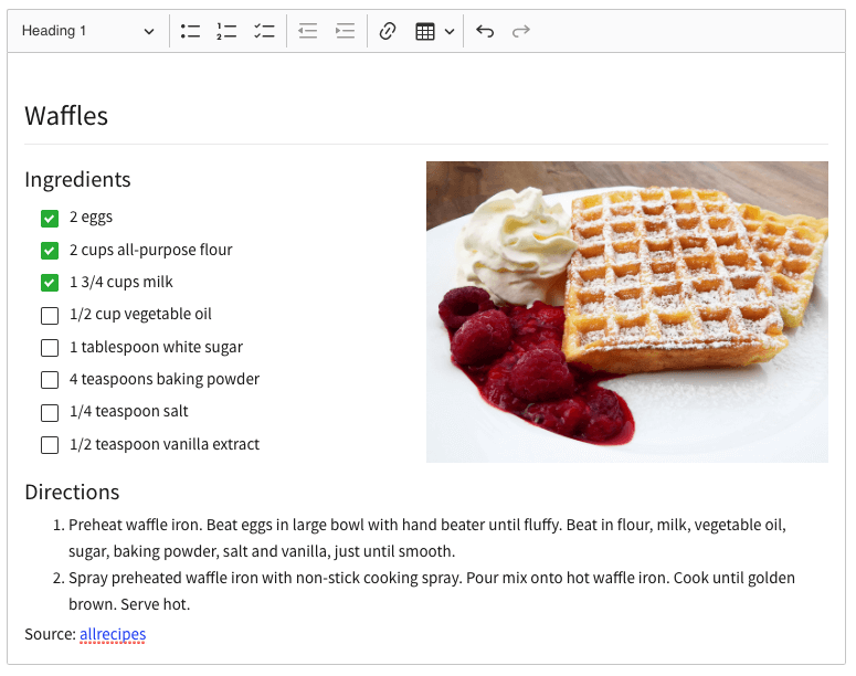 A to-do list and a numbered list both employed in a waffle recipe in CKEditor 5 WYSIWYG editor.