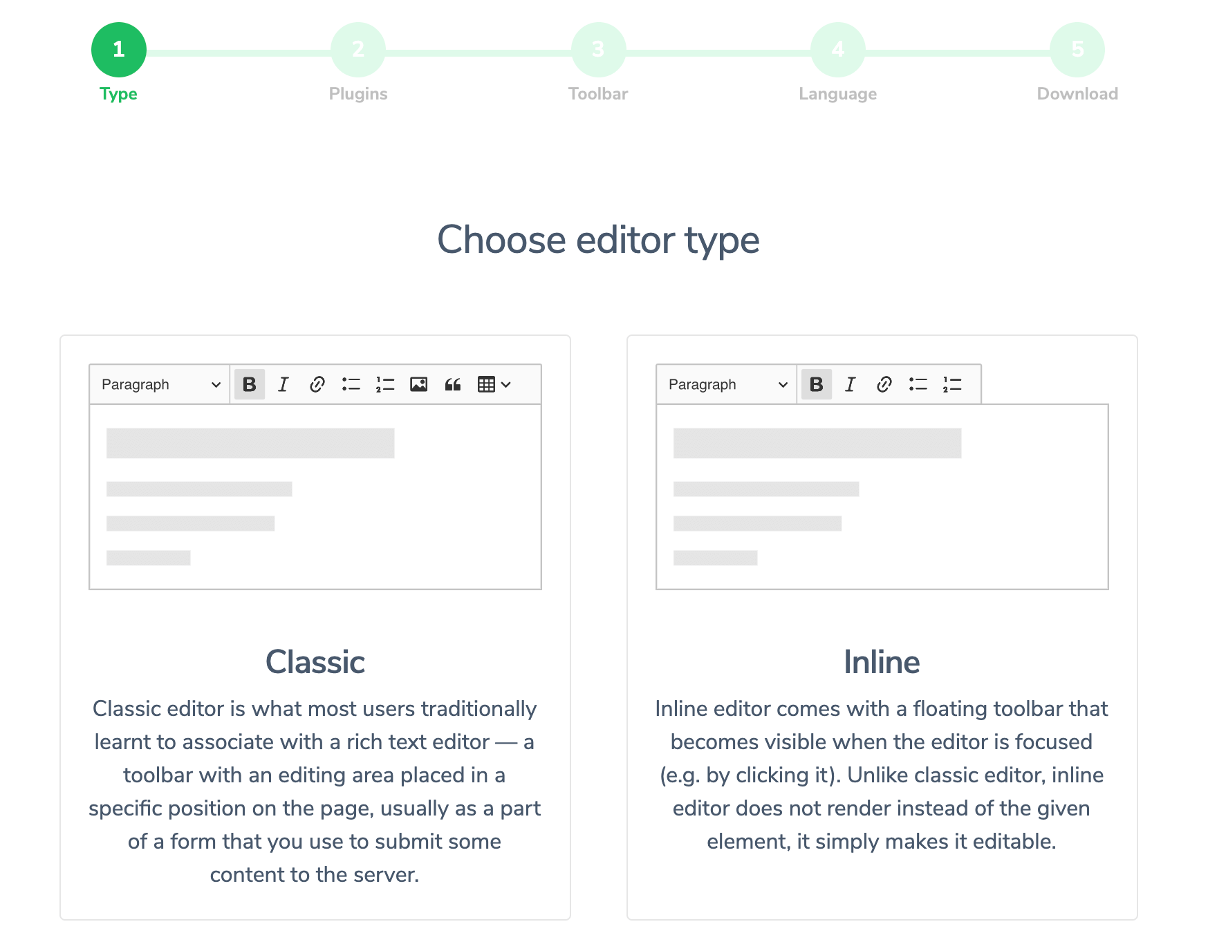 CKEditor 5 online builder, step 1: Choosing a WYSIWYG editor type.