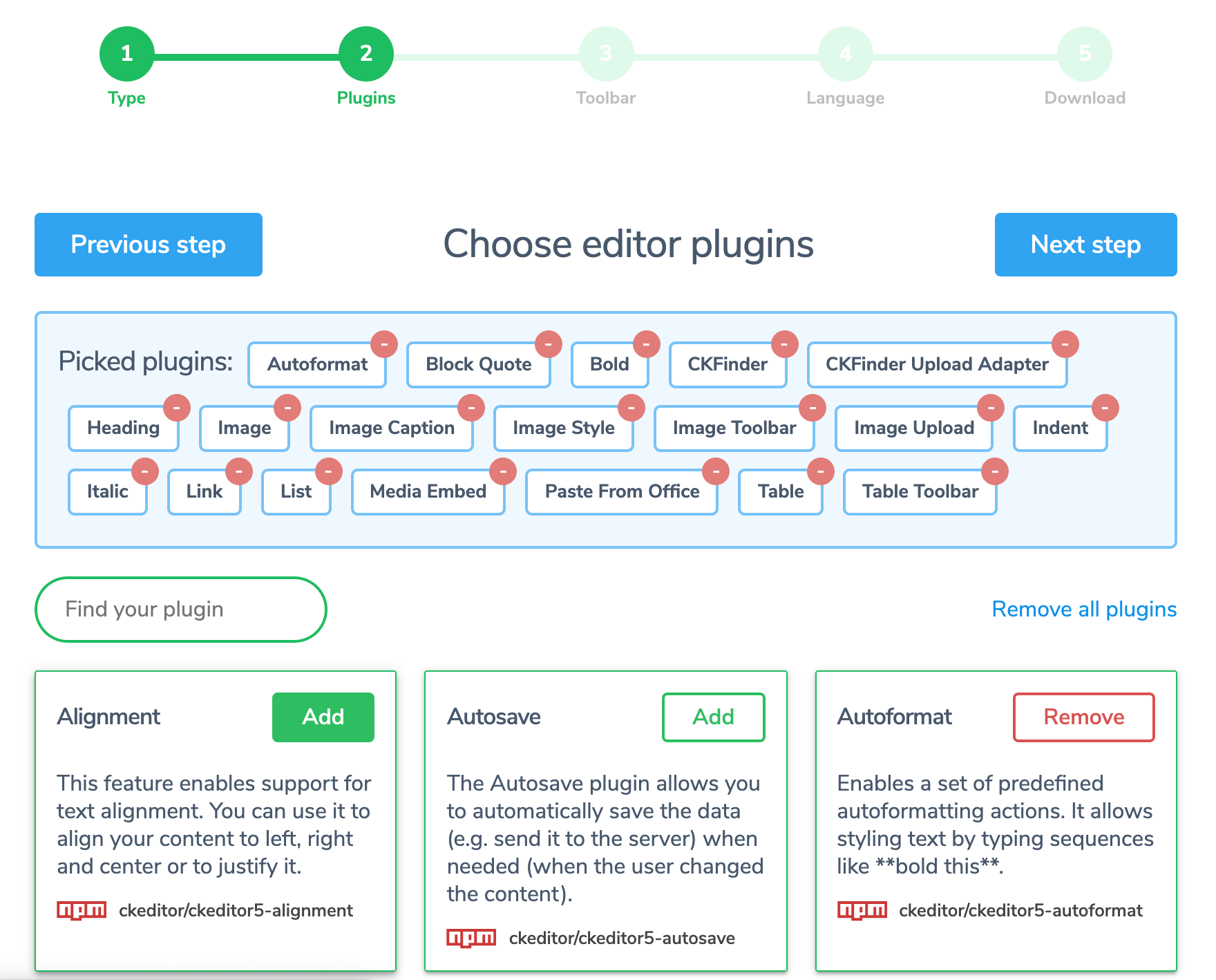 CKEditor 5 online builder, step 2: Choosing rich text editor plugins.