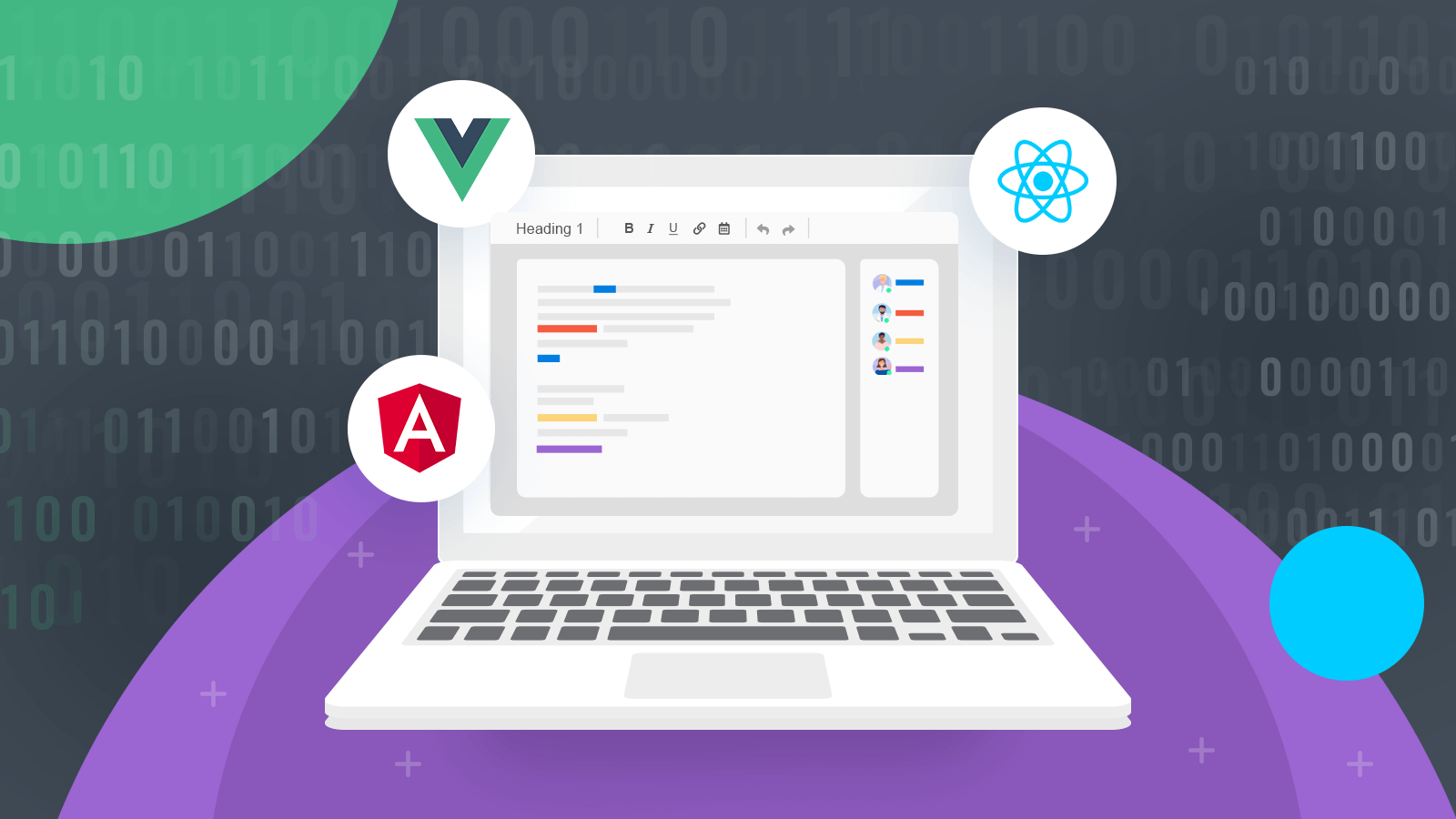 Computer in the center. Vue, Angular and React icons floating near the mentioned laptop
