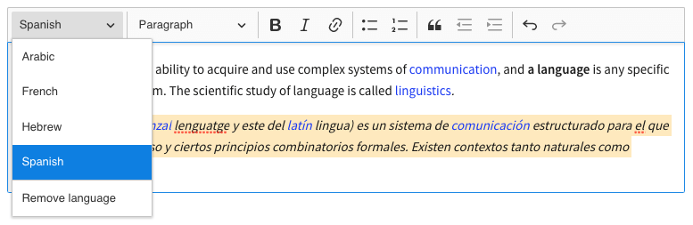 Text part language: a convenient toolbar dropdown helps to set the language for the selected content part.