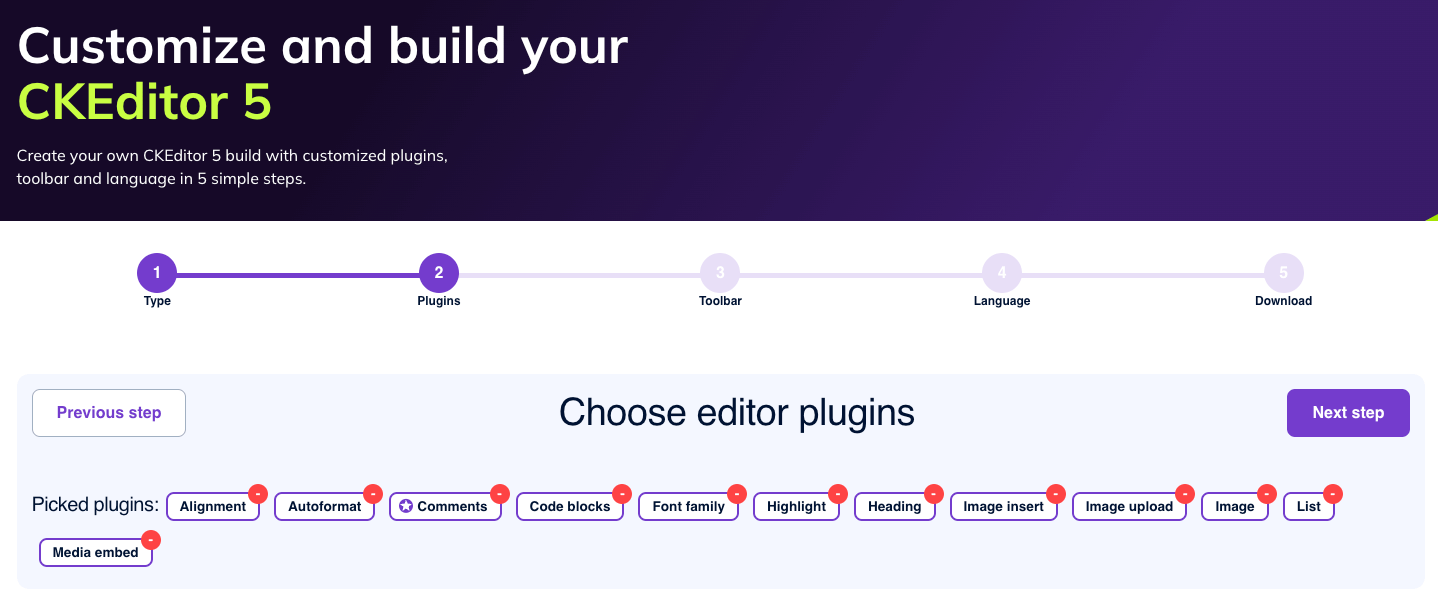 The plugin selection screen in the CKEditor 5 Online Builder