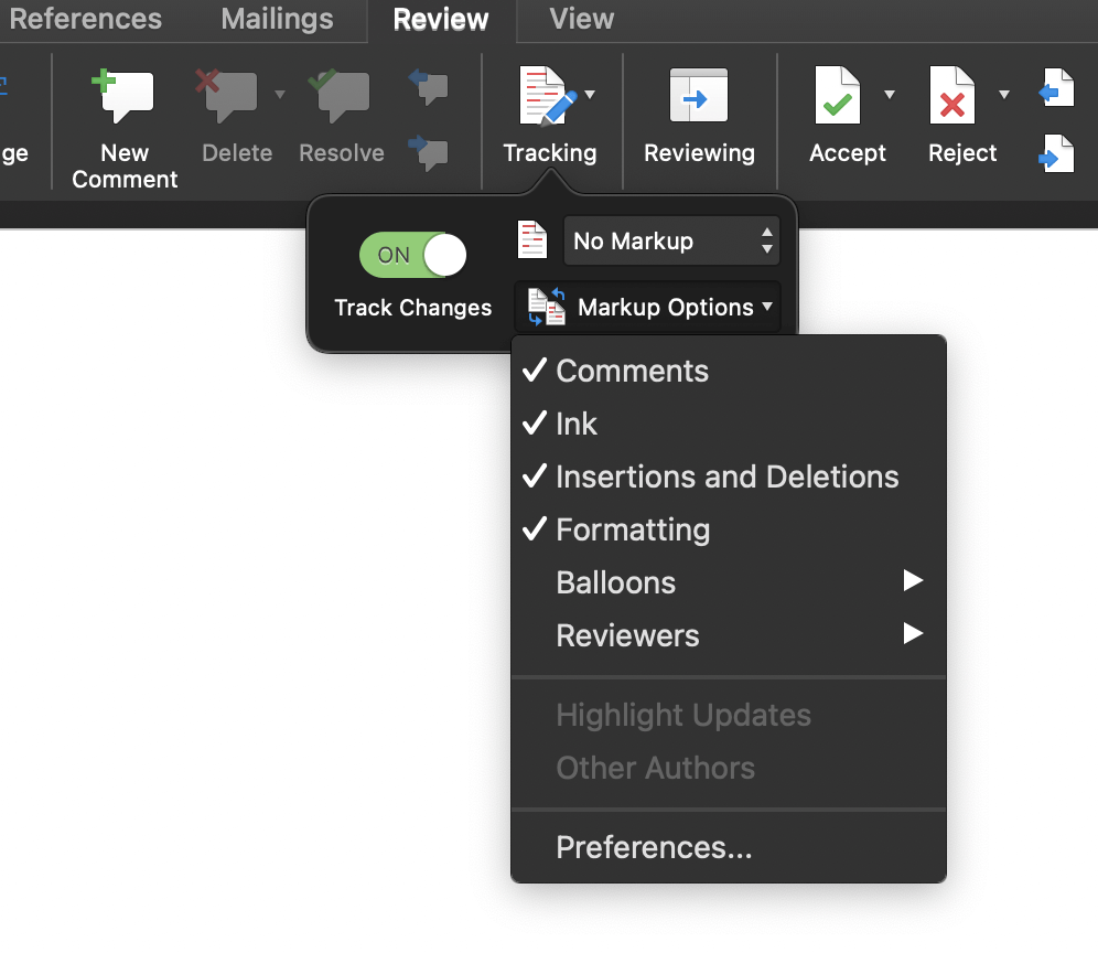 word for mac track changes reviewers