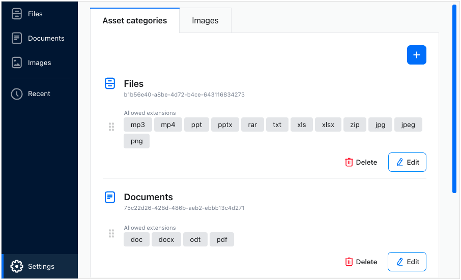 Administration panel - asset category management.