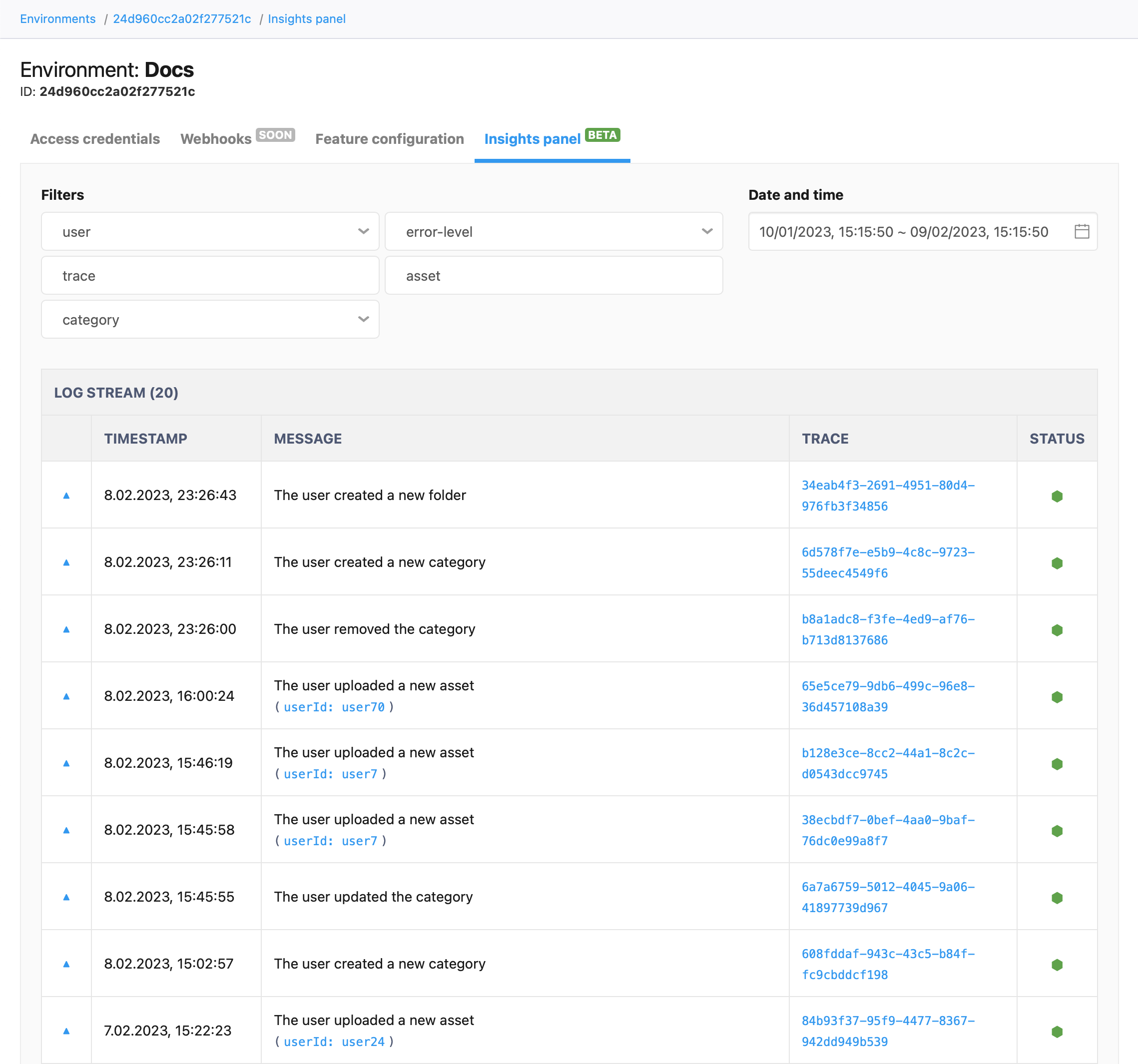 Insights panel logs.