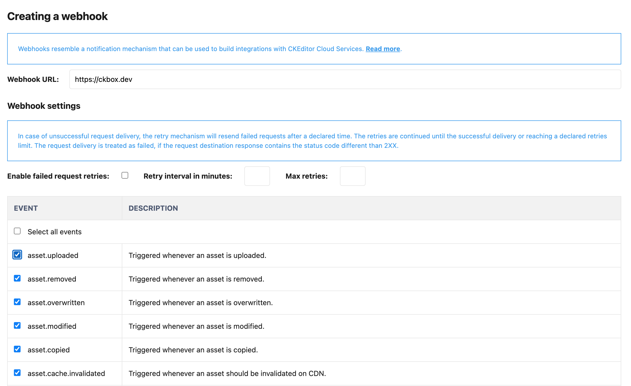 Defining new webhooks in the CKEditor Ecosystem customer dashboard.