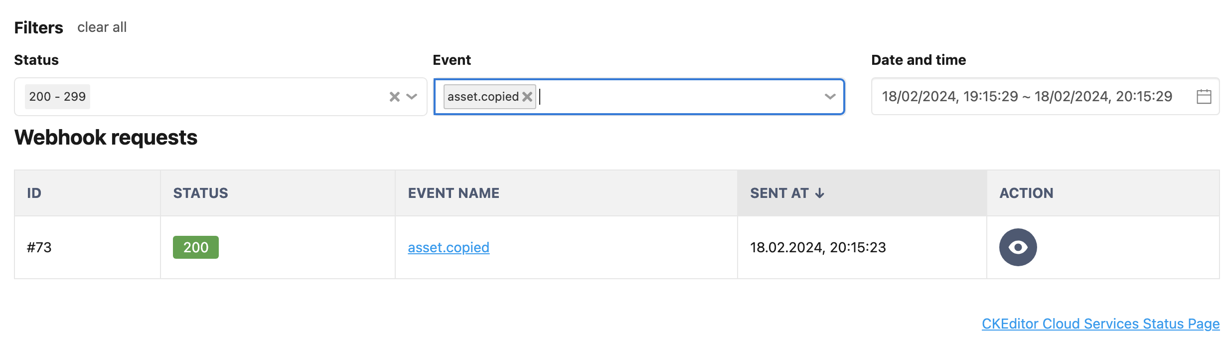 Filtered webhook’s requests list in the CKEditor Ecosystem customer dashboard.