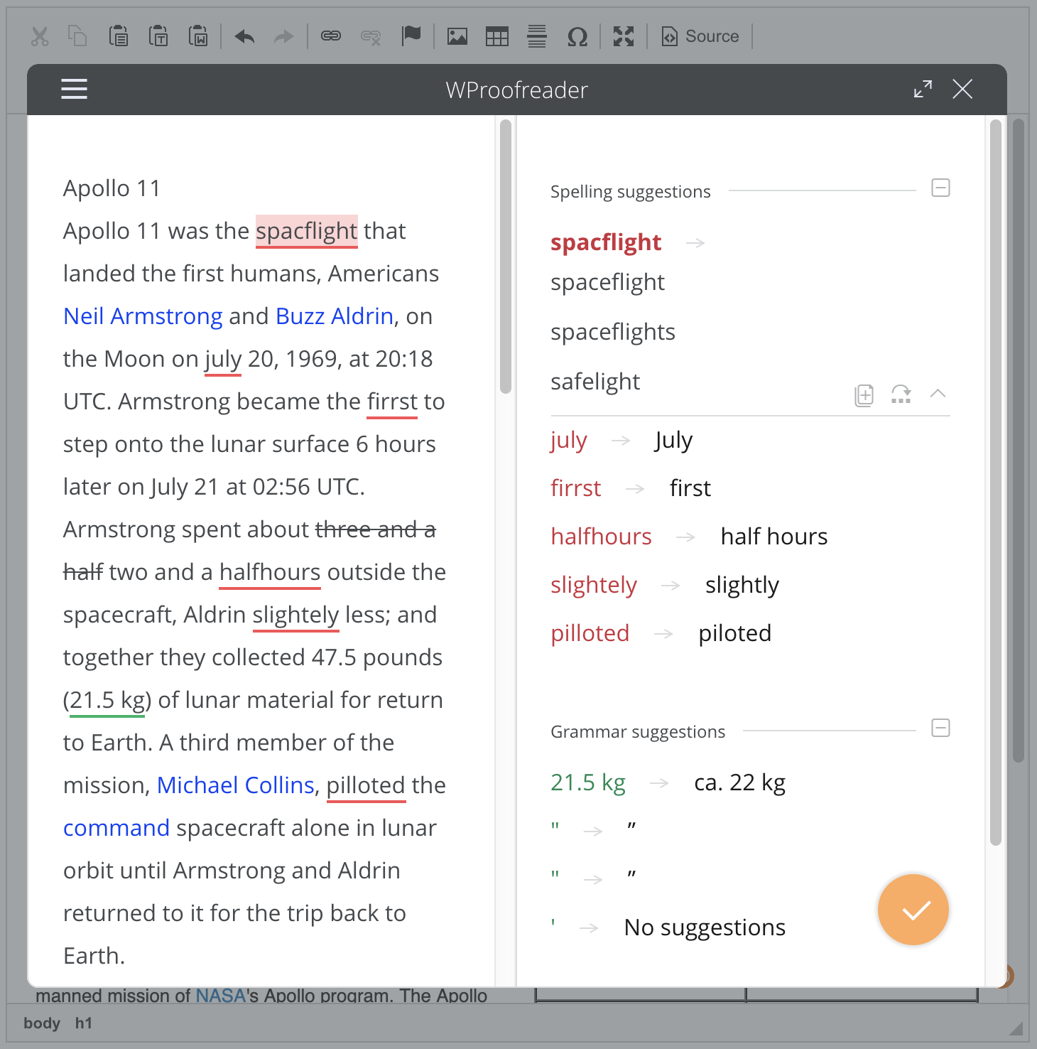 Proofreading overview in CKEditor 4 WYSIWYG editor