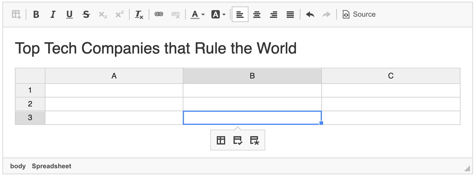 Spreadsheet plugin widget inserted into CKEditor 4 WYSIWYG editor.