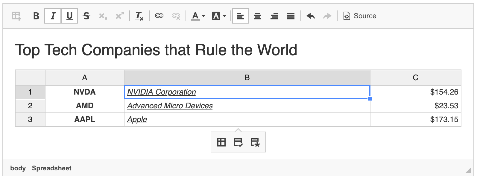 Spreadsheet plugin widget with basic styling.