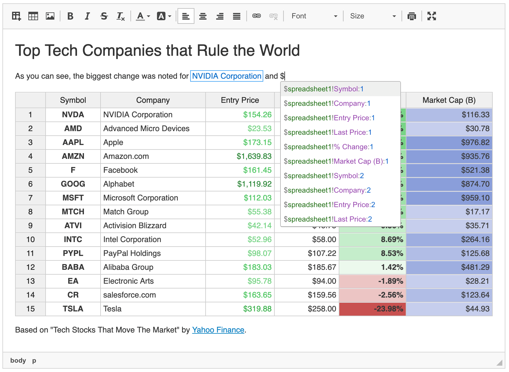 Spreadsheet plugin widget with cell references.