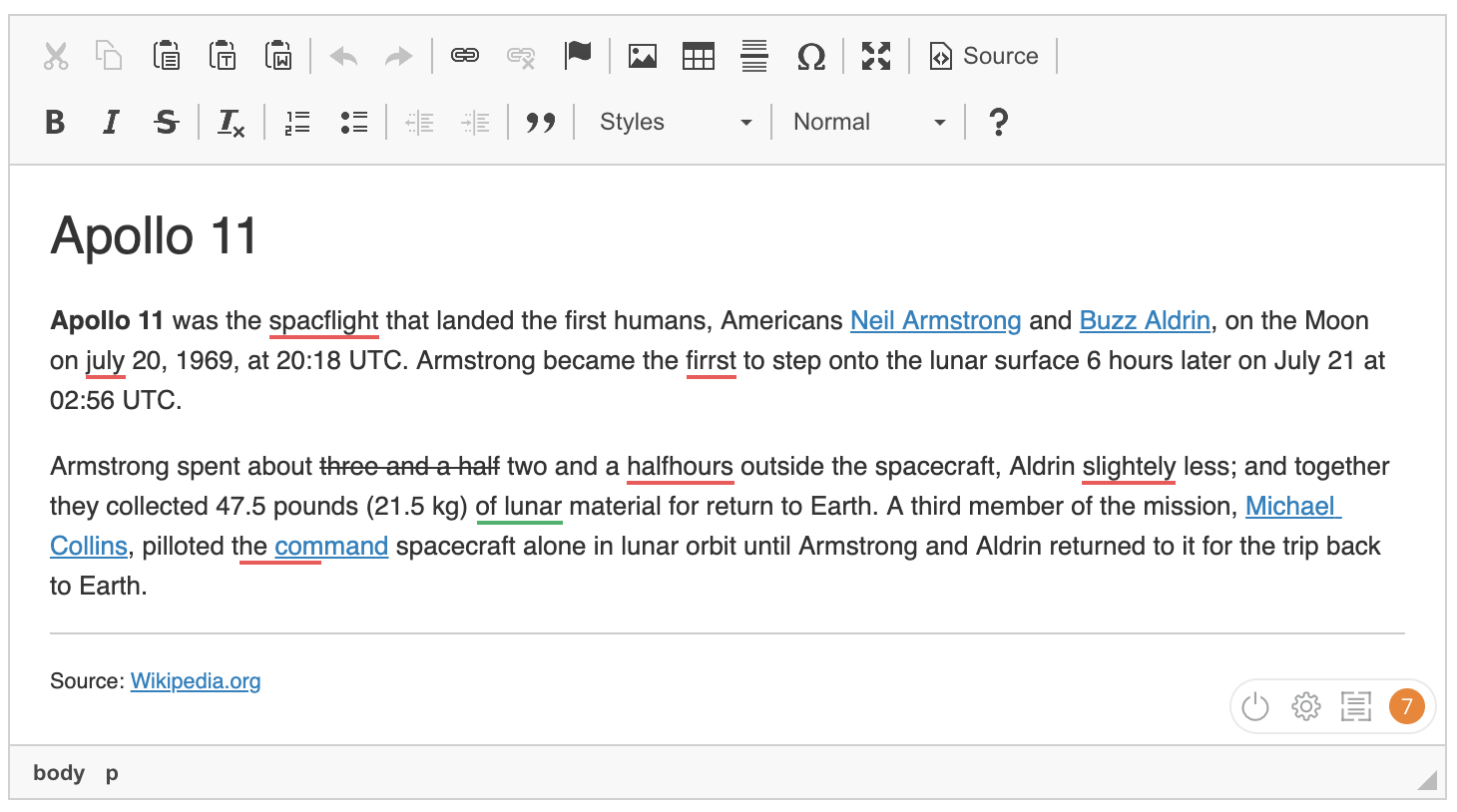 Distraction-free proofreader badge in CKEditor 4 WYSIWYG editor