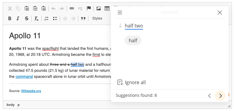 Proofreading dialog in CKEditor 4 WYSIWYG editor