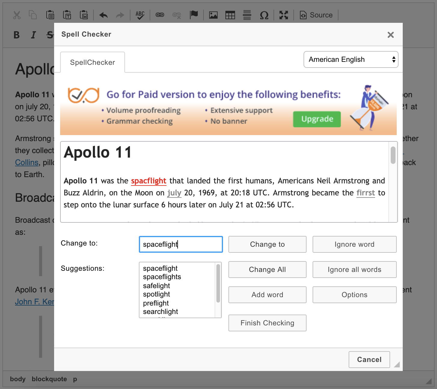 Spell Checker in the dialog window in CKEditor 4 WYSIWYG editor