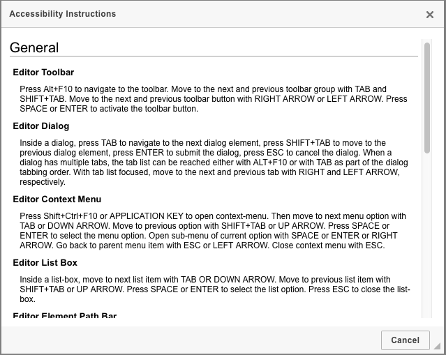 Accessibility Instructions dialog window