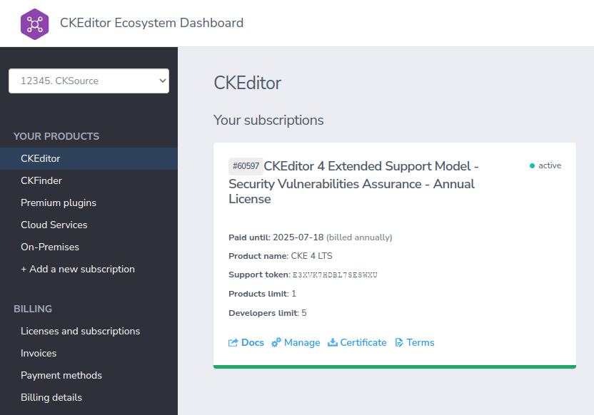 Your CKEditor subscriptions in the customer dashboard.