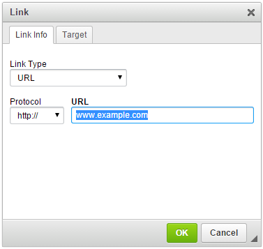 Link dialog window with a default value for the URL field
