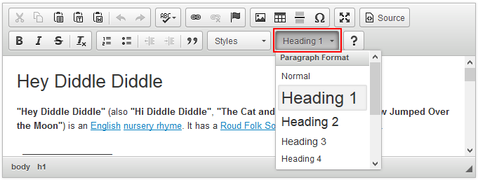 Format drop-down available in CKEditor toolbar