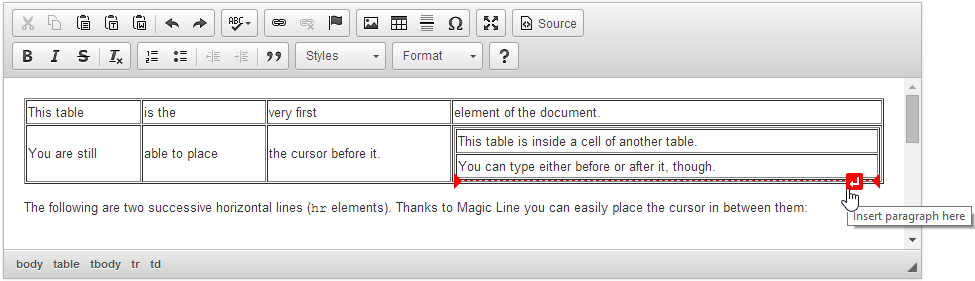 Using magic line to insert a paragraph inside a nested table.