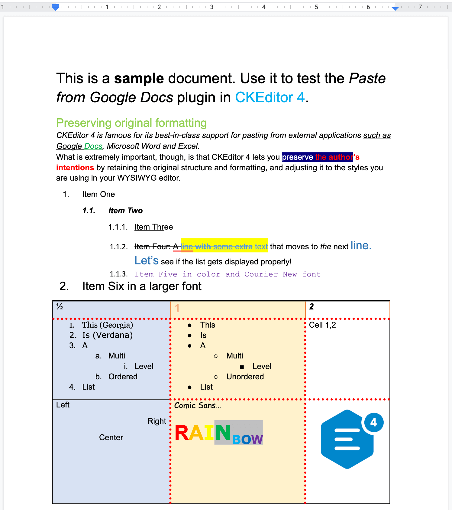 A sample Google Docs document with complex formatting and image.