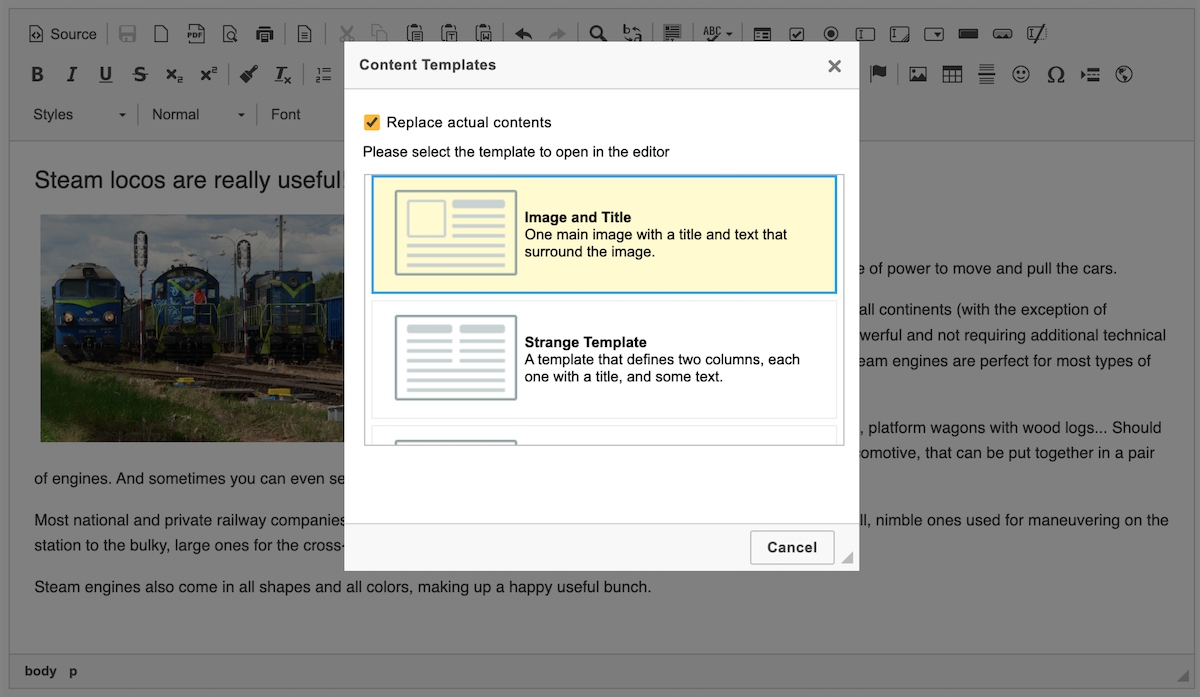Content Templates selector in CKEditor