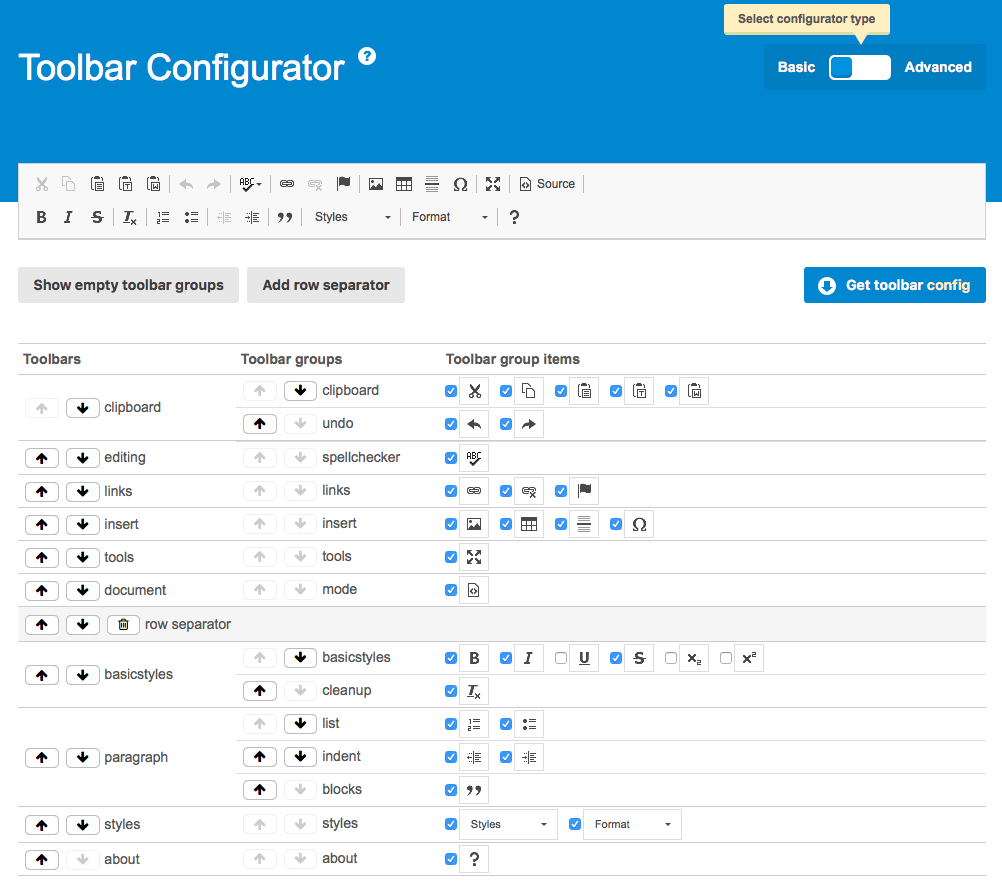 CKEditor 4.5 basic toolbar configurator