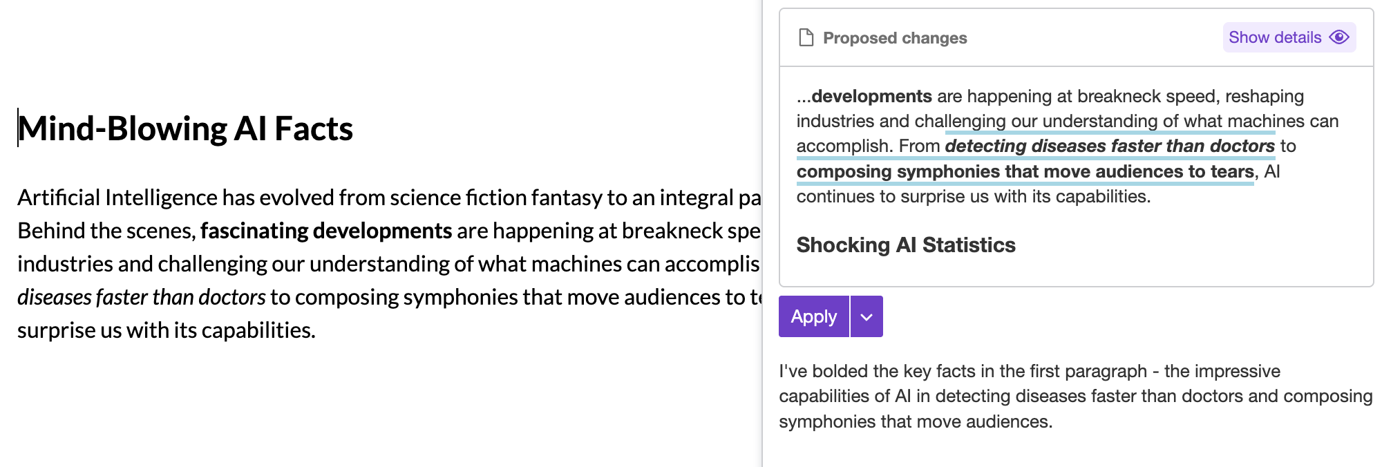 CKEditor AI Chat highlighted changes in content.