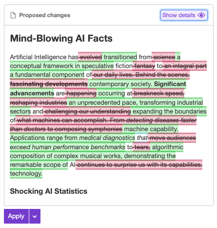 CKEditor AI Chat highlighted changes.