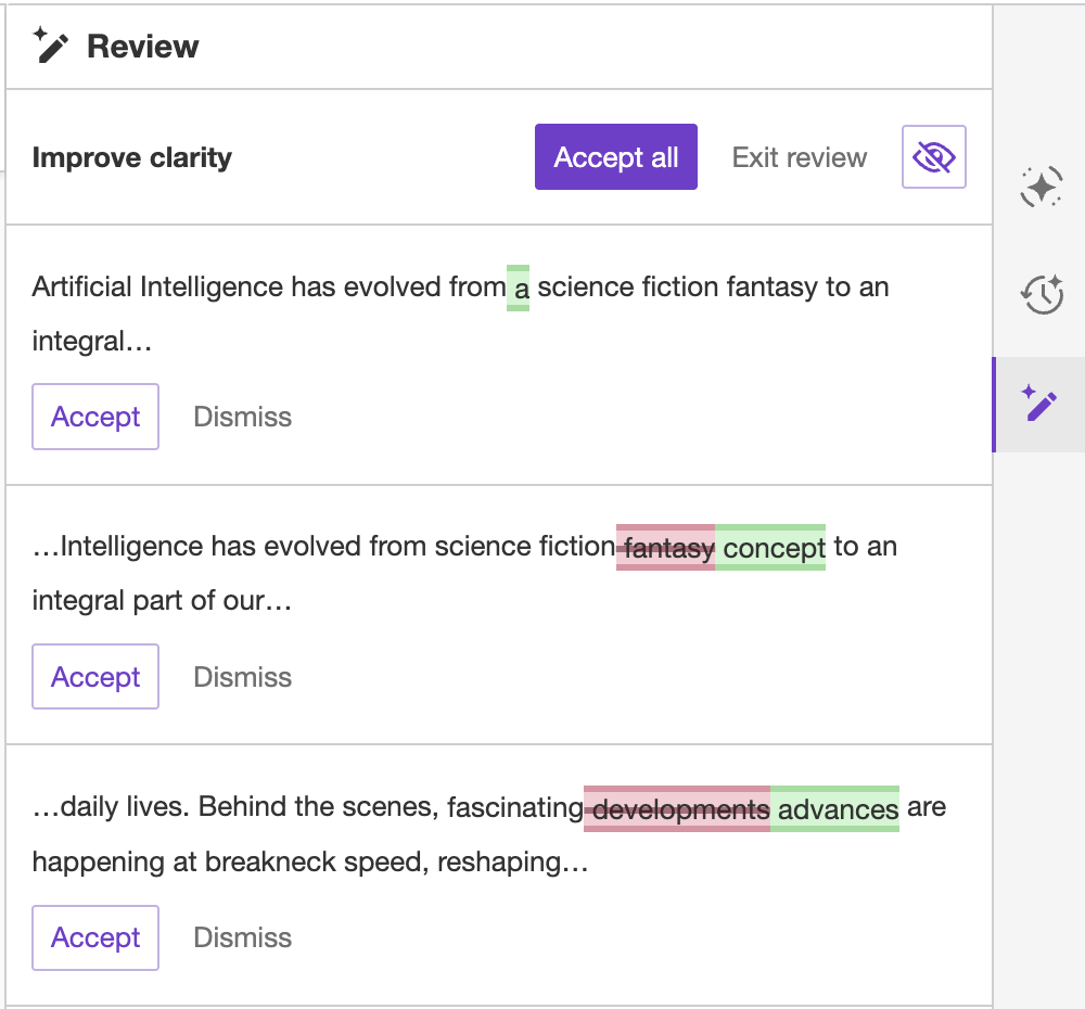CKEditor AI Review sidebar with suggestions.