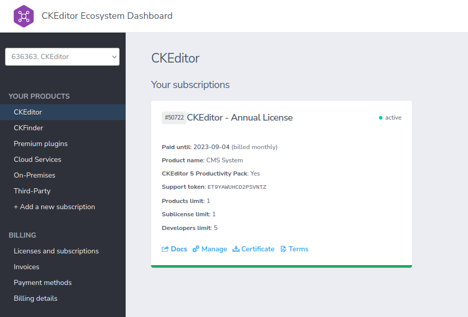 Your CKEditor subscriptions in the customer dashboard.