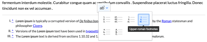 Footnotes marker style dropdownww in CKEditor 5 WYSIWYG editor