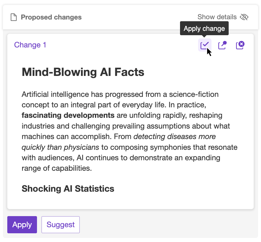 CKEditor A button to quickly apply AI Chat changes.