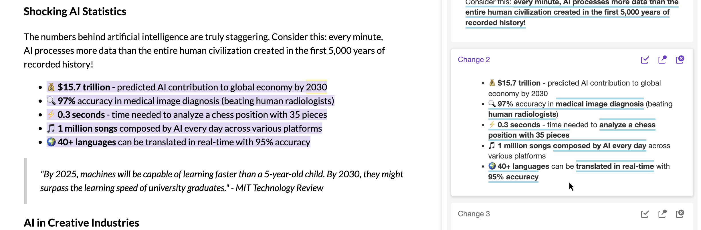 CKEditor AI Chat highlighted changes in content.