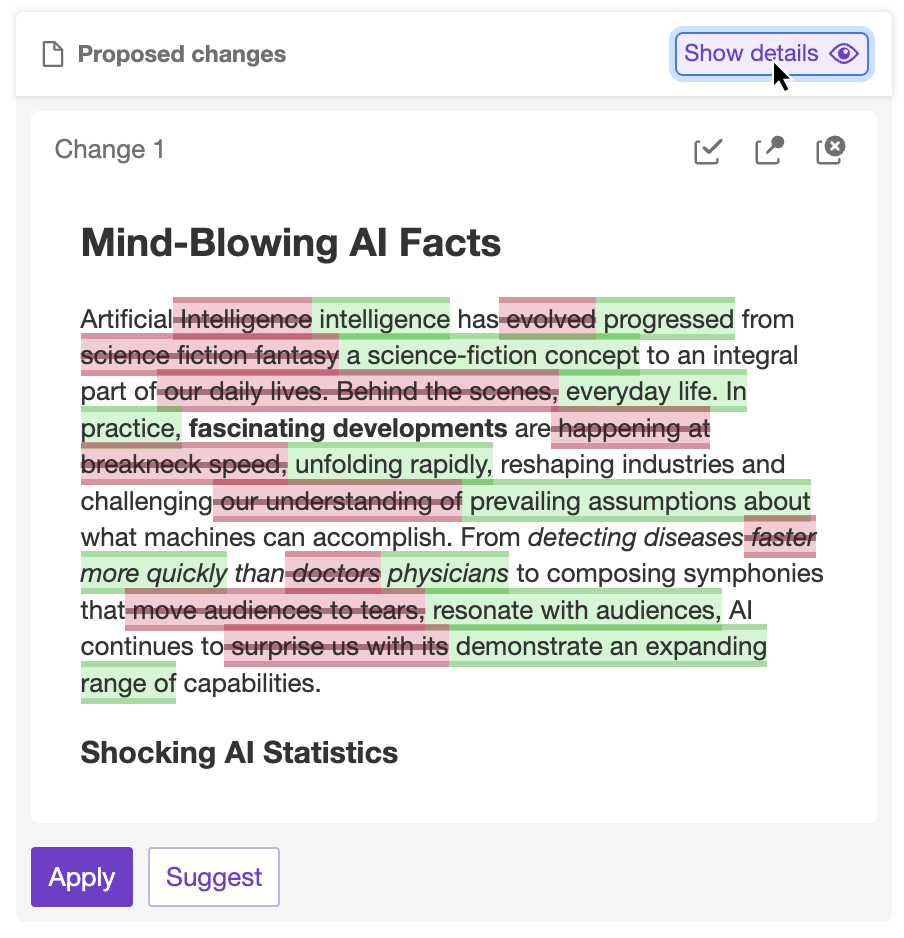 CKEditor AI Chat highlighted changes.