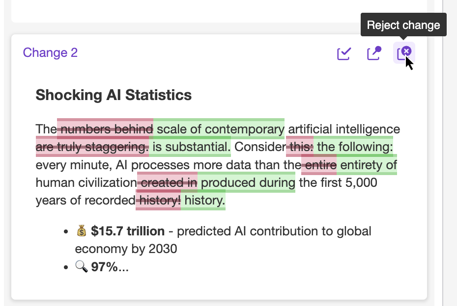 CKEditor AI Chat rejecting changes.