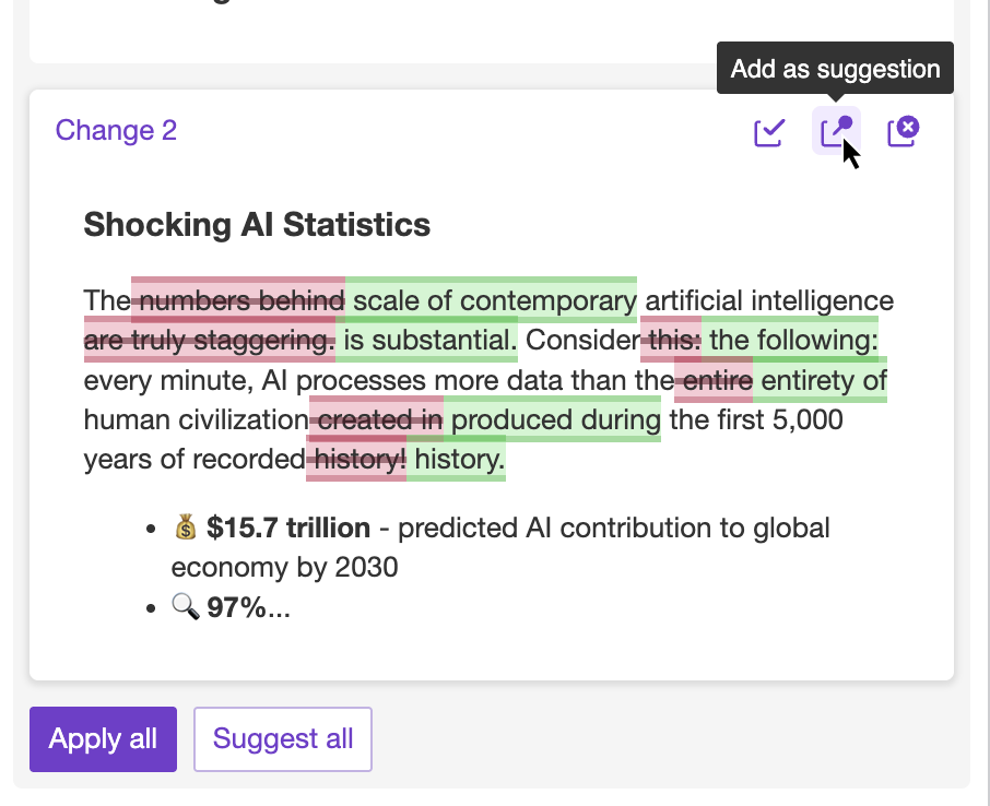 CKEditor AI Chat suggestions to Track Changes.