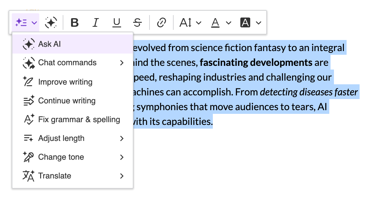 CKEditor AI Quick Actions showing AI-powered suggestions and Q&A functionality.