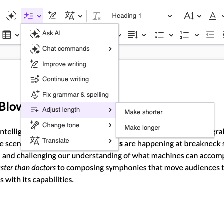 CKEditor AI Quick Actions dropdown in the toolbar.