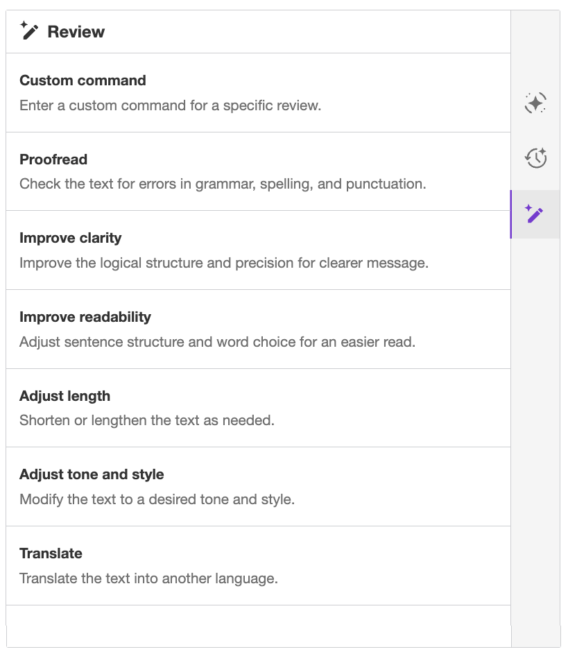 CKEditor AI Review feature showing AI-powered quality assurance and suggested edits.
