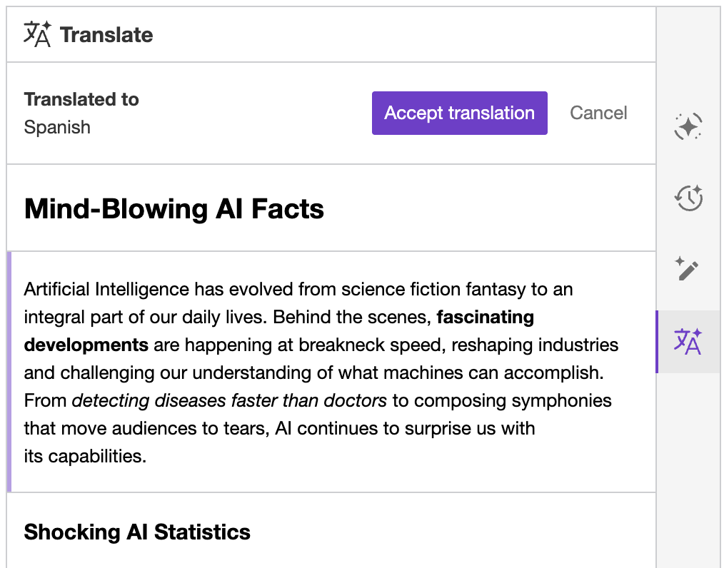 CKEditor AI Translate original content in sidebar.
