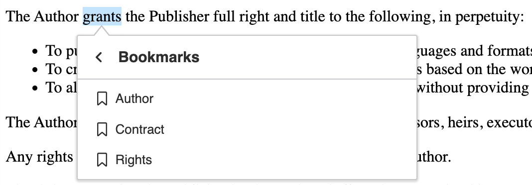 The bookmarks panel displayed during link creation