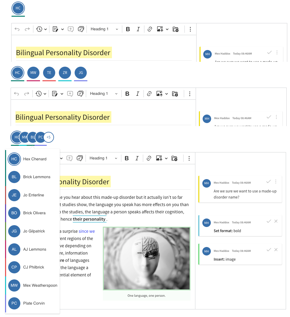 Real-time collaboration user presence list in CKEditor 5 WYSIWYG editor.