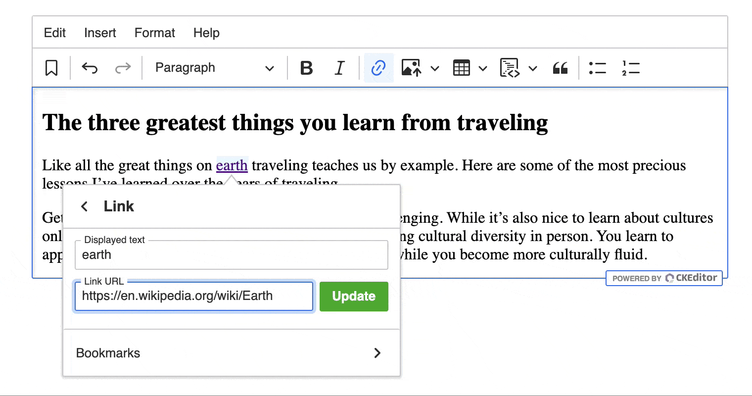 The animation showing the focused link URL input in CKEditor 5 with a blinking caret.