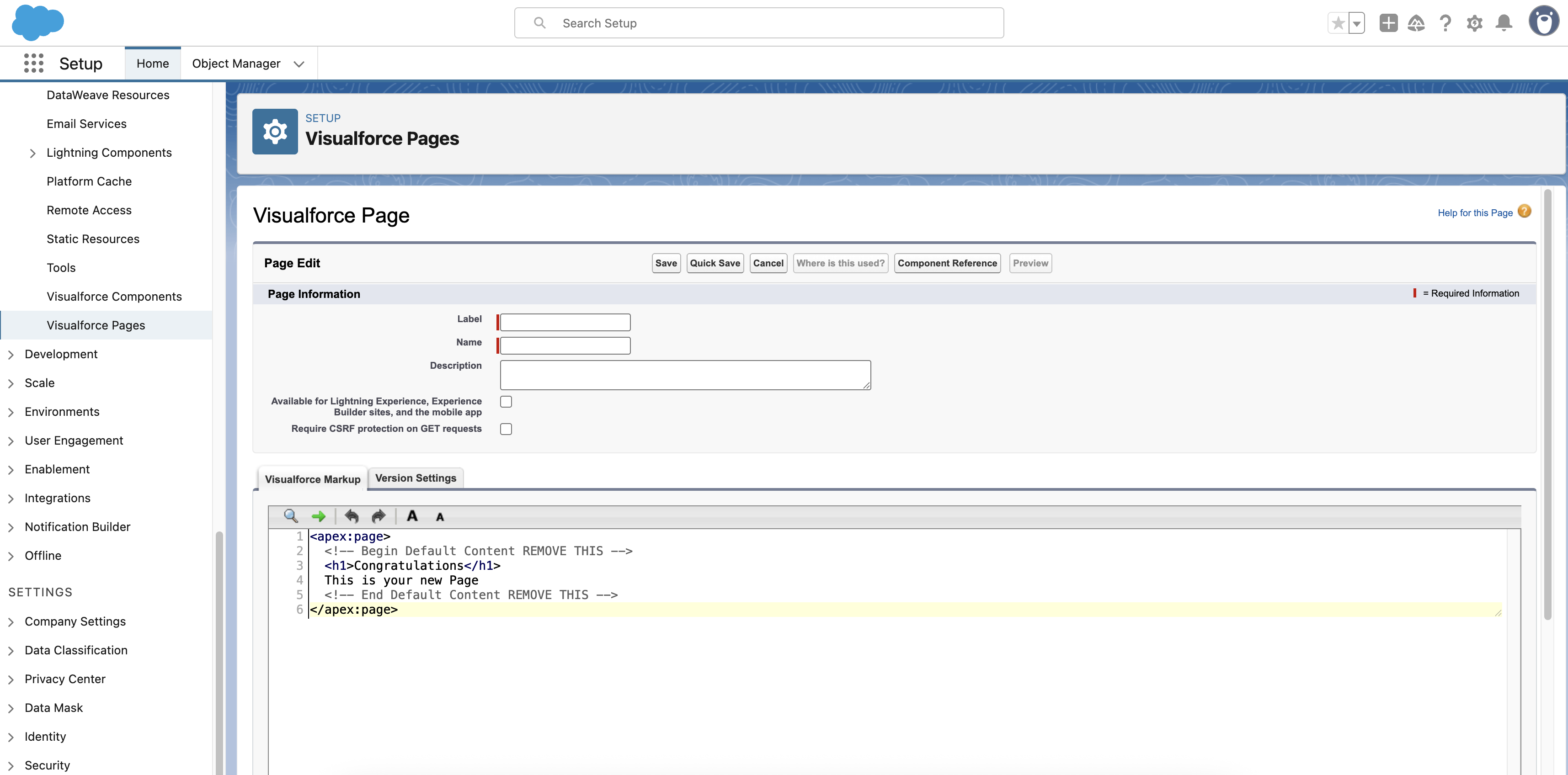 Screenshot of the new Visualforce page form.