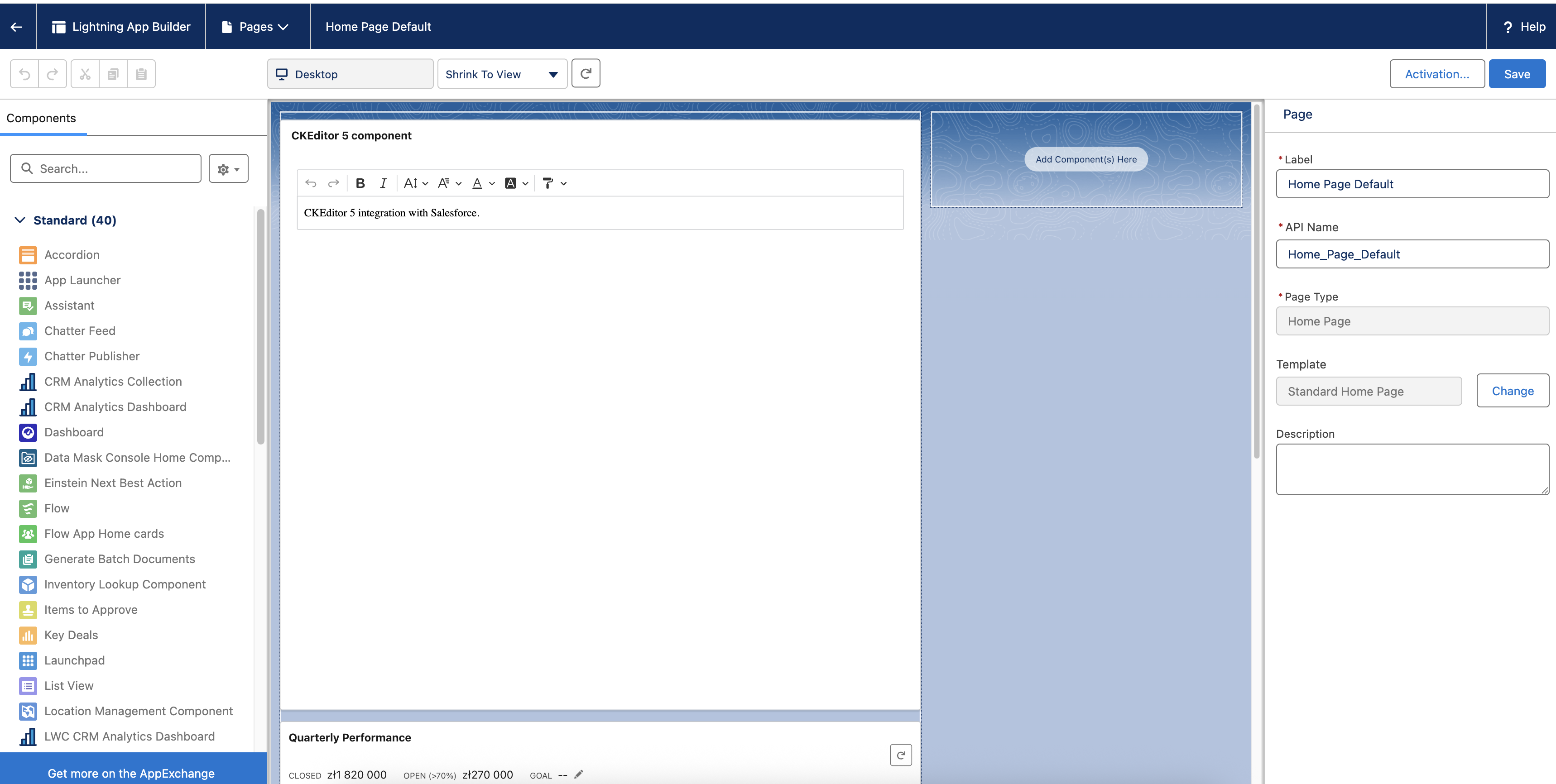 Screenshot of Lightning App builder.