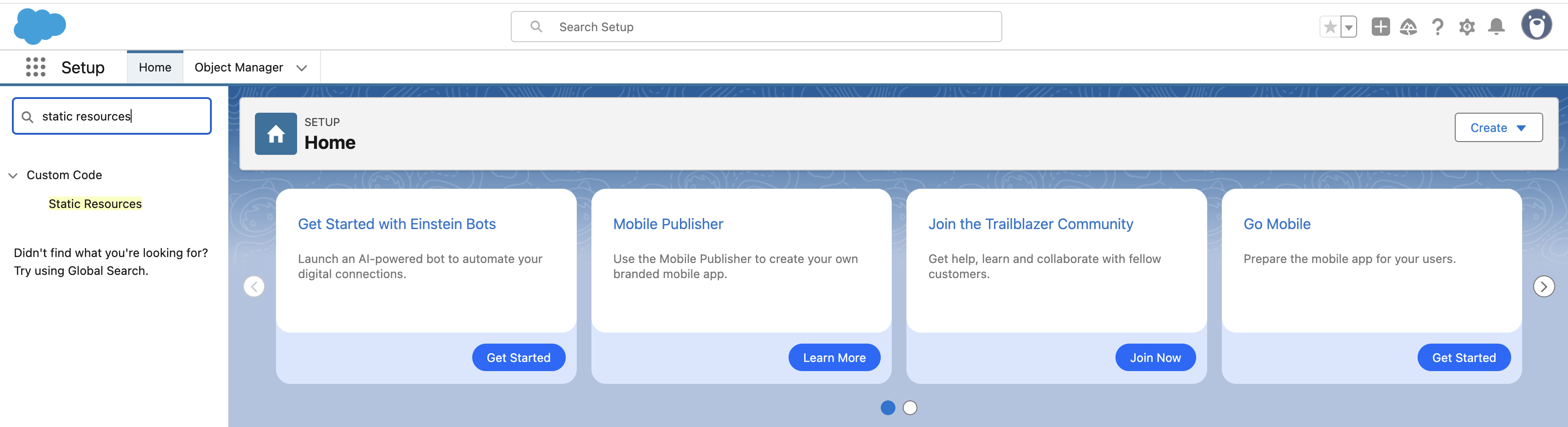 Screenshot of searching for Static Resources in Salesforce setup.