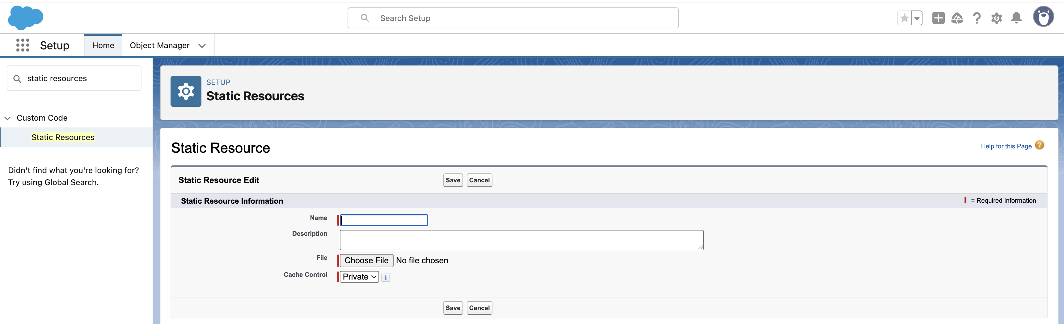 Screenshot of the Static Resources page with New button.