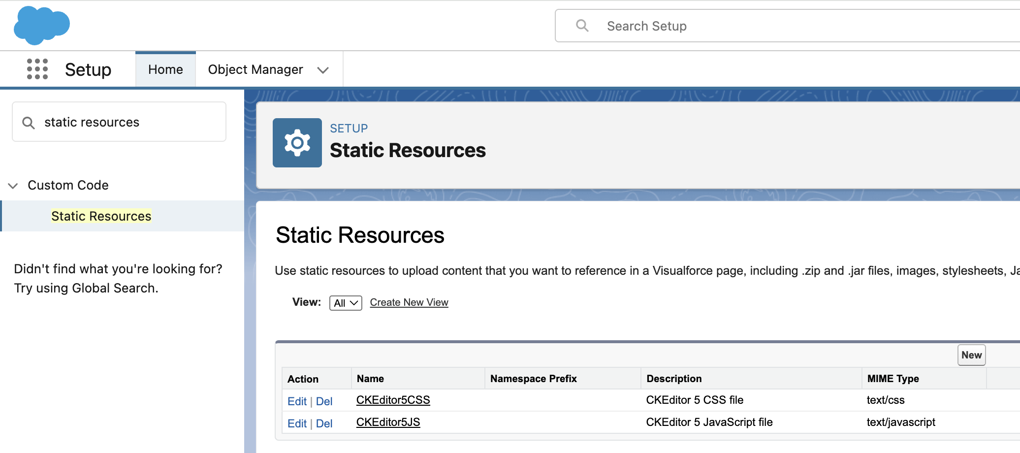 Screenshot of static resources in Salesforce.