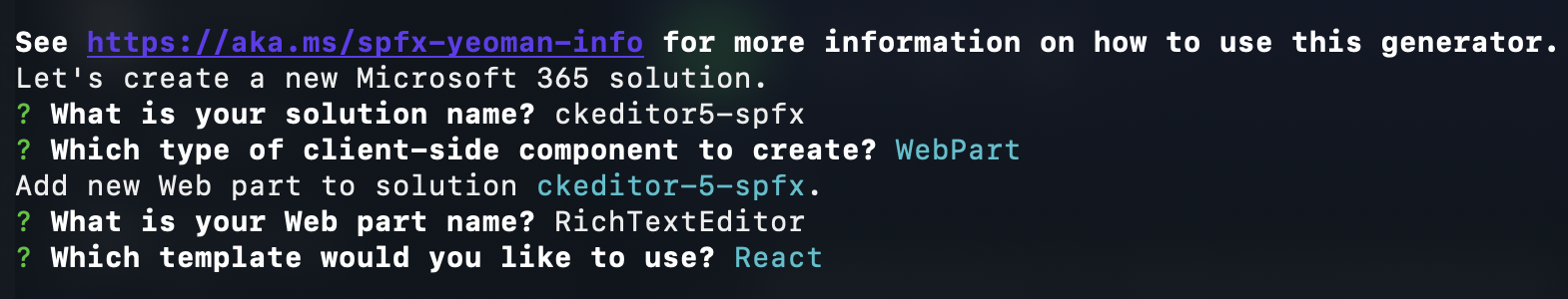 Screenshot of prompts from SharePoint app generator.